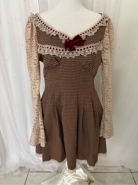 Lacemade Plaid Lace Accent Long Sleeve Fit & Flare Dress